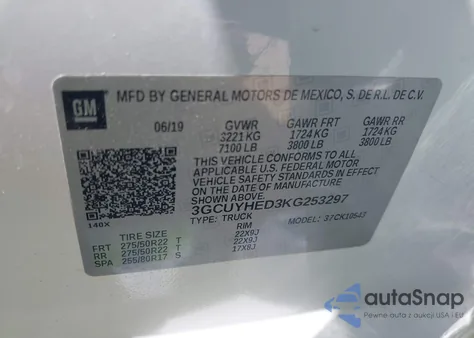 2019 Chevrolet Silverado 1500 High Country из США, поврежденный, VIN 3GCUYHED3KG253297